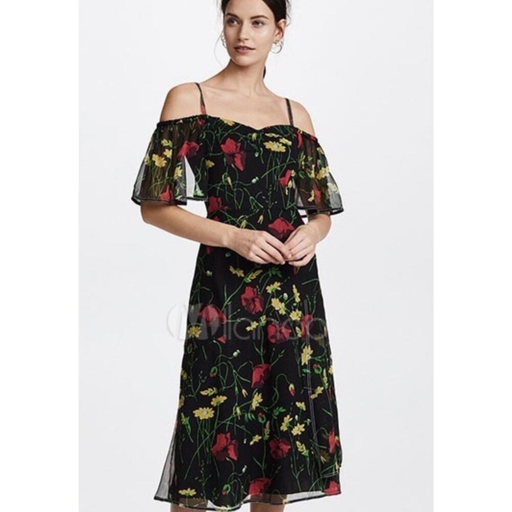 GREY by‎ Jason Wu Black Floral Chiffon Silk Off Shoulder Midi Dress Size 6